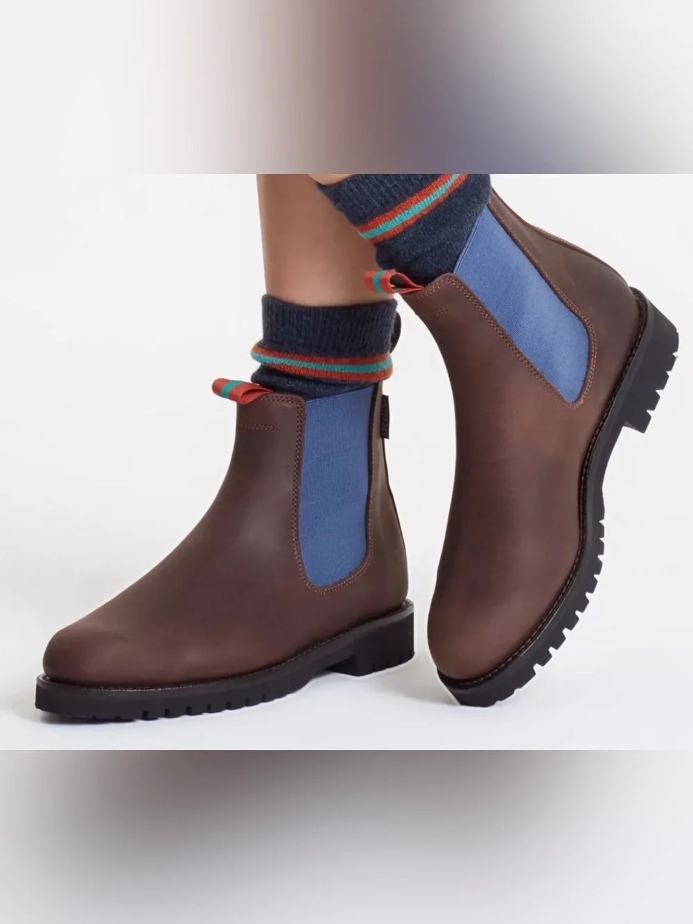 Penelope Chilvers Brown Leather Chelsea Boots with Blue Elastic size 40